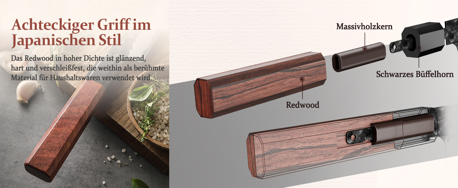 Професійний японський ніж Kiritsuke HEZHEN 21,5 см, кухонний ніж із тришарової дамаської сталі з восьмигранною ручкою з червоного дерева та дерев'яним чохлом