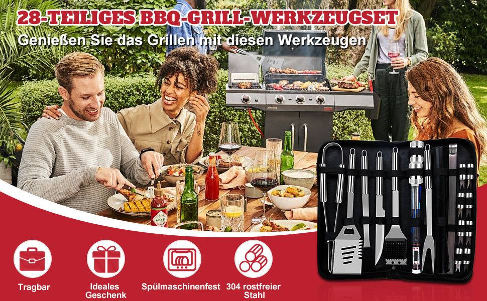 Набір гриль-посуду 28 предметів з нержавіючої сталі, професійний аксесуар для гриля з сумкою, подарунок на День народження/Різдво для чоловіків, для саду та кемпінгу, BBQ