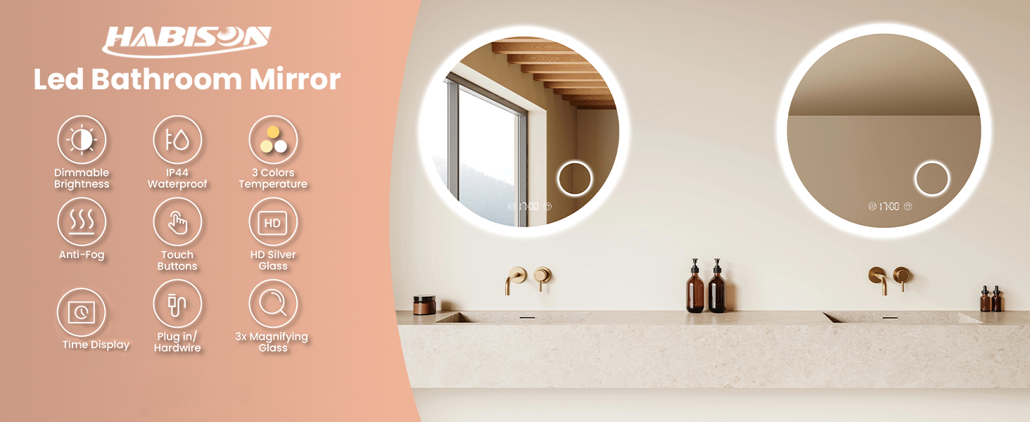 Дзеркало для ванної кімнати Habison з підсвічуванням 70x70 см, LED, з годинником та сенсорним вимикачем, регулювання яскравості, тепле/холодне/нейтральне світло, антизапотівання, 3-кратне збільшення