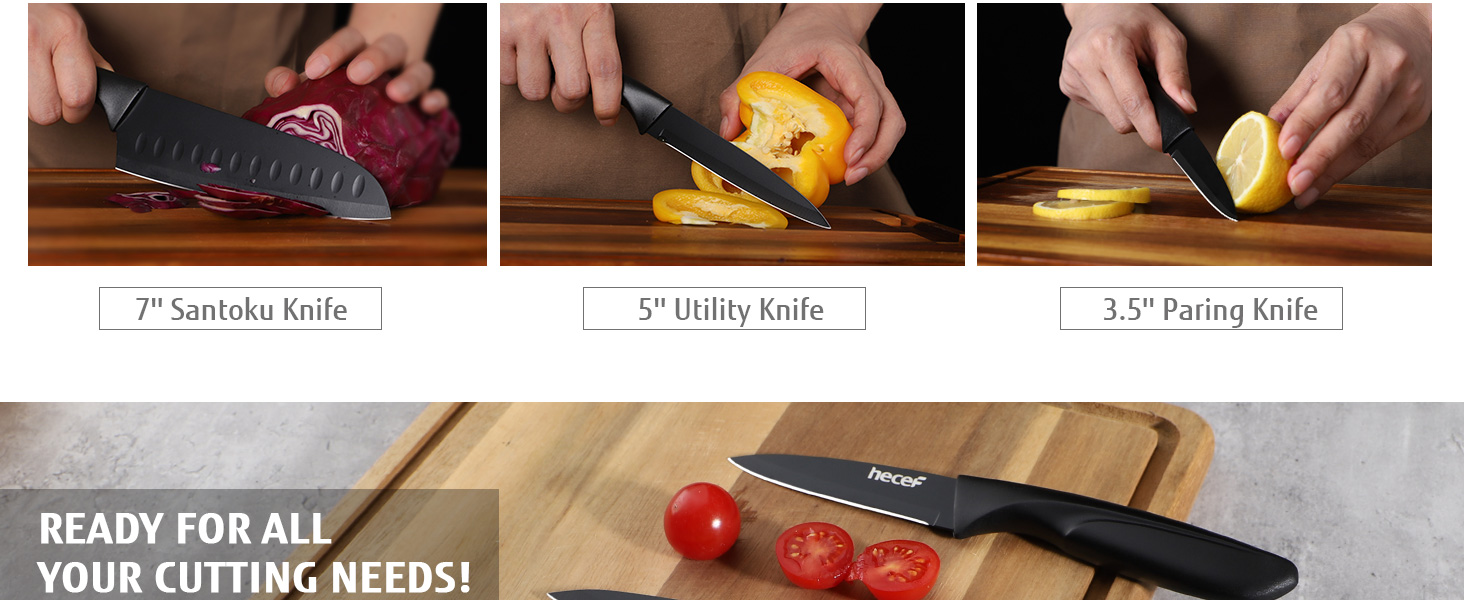Набір кухонних ножів Hecef 15 предметів з бруском, чорний колір, антипригарне покриття, можна мити в посудомийній машині, самозаточуваний брусок, ергономічні ручки, набір ножів для кухні для початківців та кулінарів-ентузіастів (3 шт)