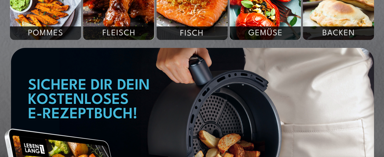 Фритюрниця без олії LEBENLANG 5L, 1500W з рецептами та 8 програмами | Електрична фритюрниця, аір-фрай, гріль