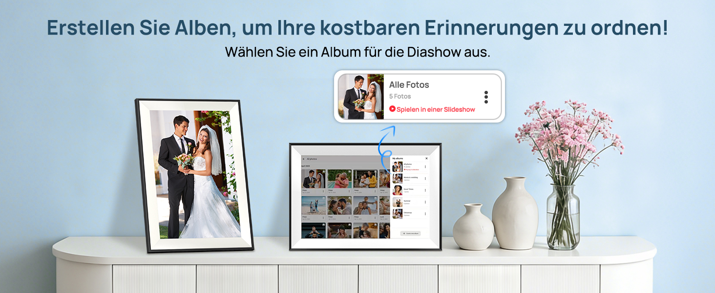 Цифрова фоторамка Frameo 10.1 дюймів WLAN, Full HD IPS сенсорний екран 1280x800, 32GB пам'ять, автоматичний поворот, можливість монтажу на стіну, керування через додаток Frameo (Чорна з білою рамкою)