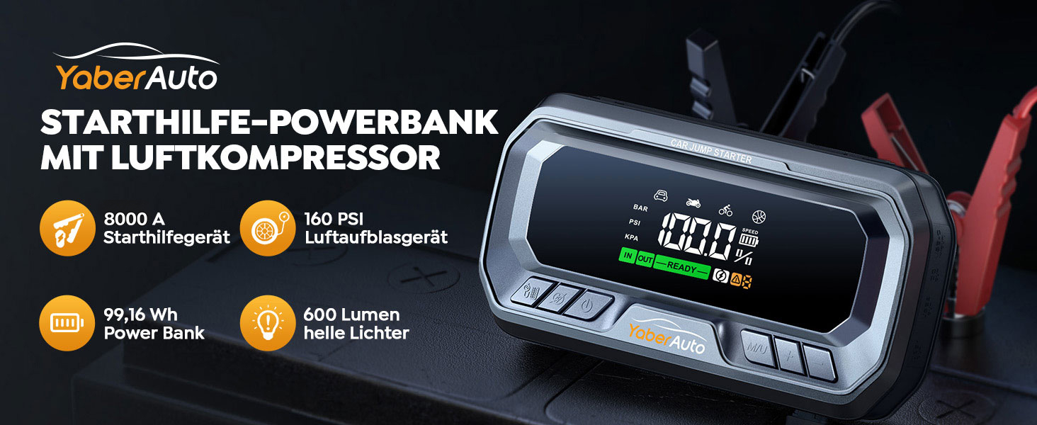 Бустерний пускач YaberAuto з компресором 160 PSI, 8000A Powerbank для авто (бензин та дизель до 12.0L), PD 65W, ліхтарик 600 лмен та LCD-дисплей