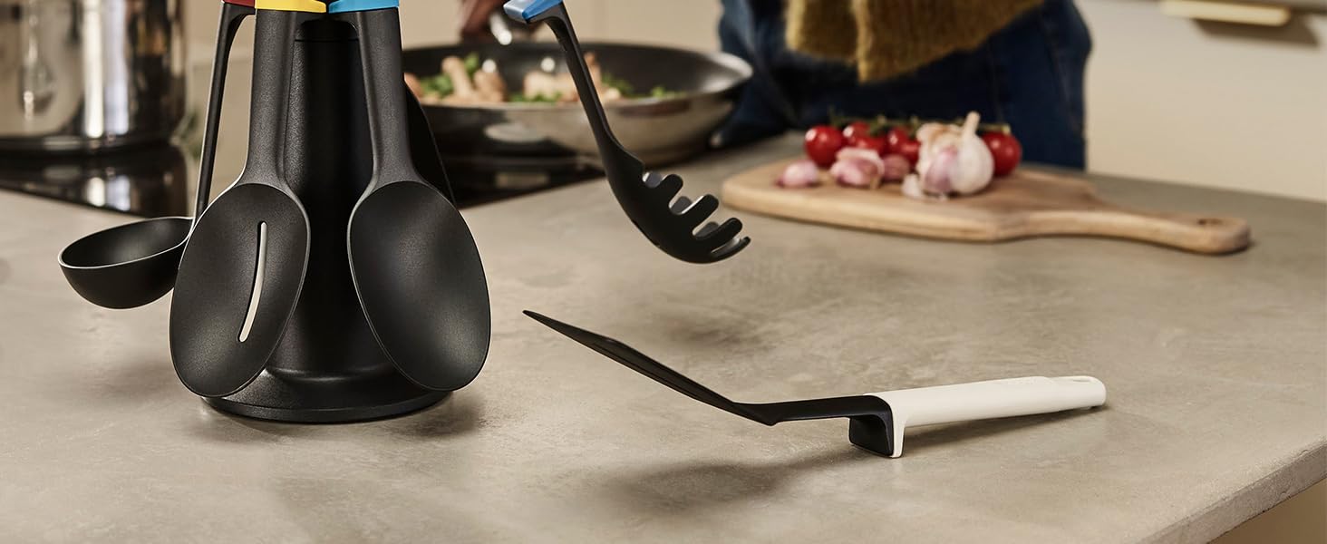 Набір кухонних помічників Joseph Joseph Elevate, 6 предметів з поворотним підставкою, ергономічні силіконові ручки, антипригарне покриття (Блок, Синій/Червоний/Білий)