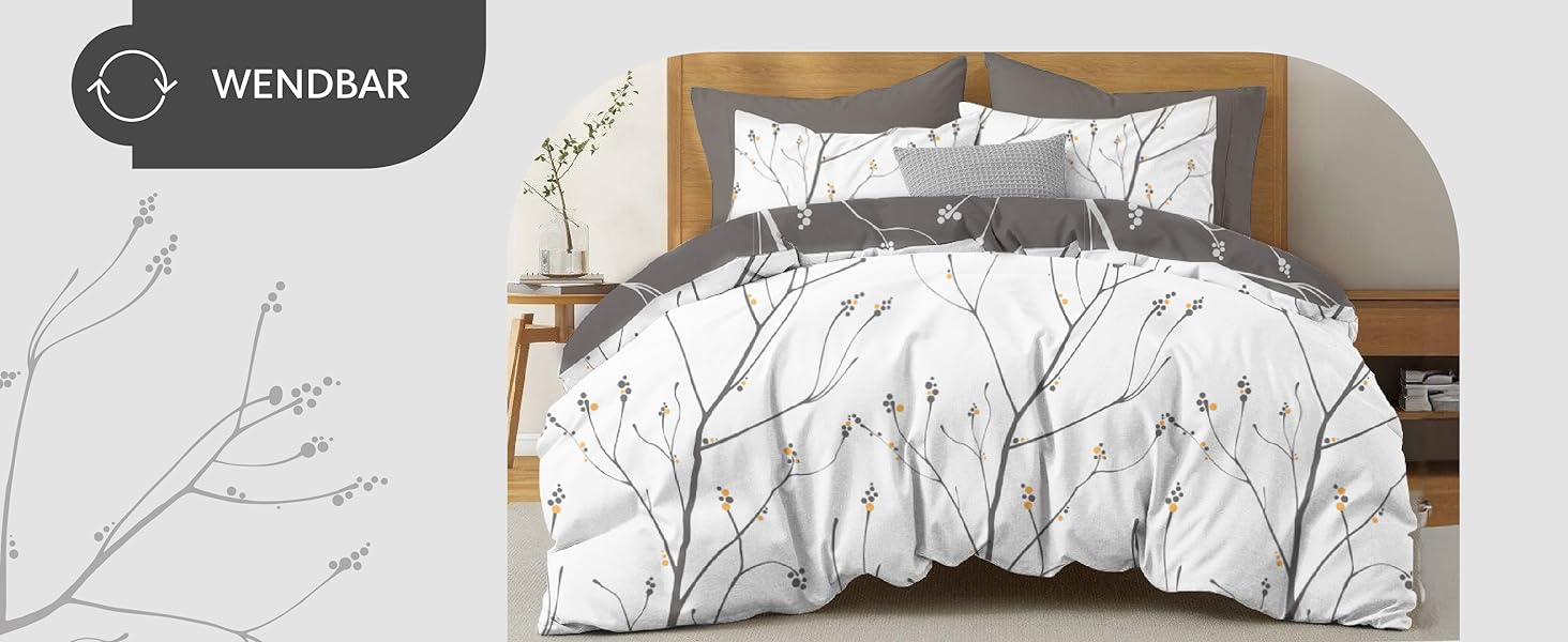Комплект постільної білизни Dreamzie 200x200 см з 2 наволочками 80x80 см, сірий гілковий малюнок, для дорослих, 100% мікрофібра, сертифікат Oeko TEX