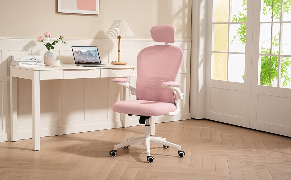 Офісний стілець Vinsetto з високою спинкою, сітчаста тканина, комп'ютерний стілець з обертовою підголівником, 4D-підтримка попереку, регульовані підлокітники, регульована висота, білий (рожевий)