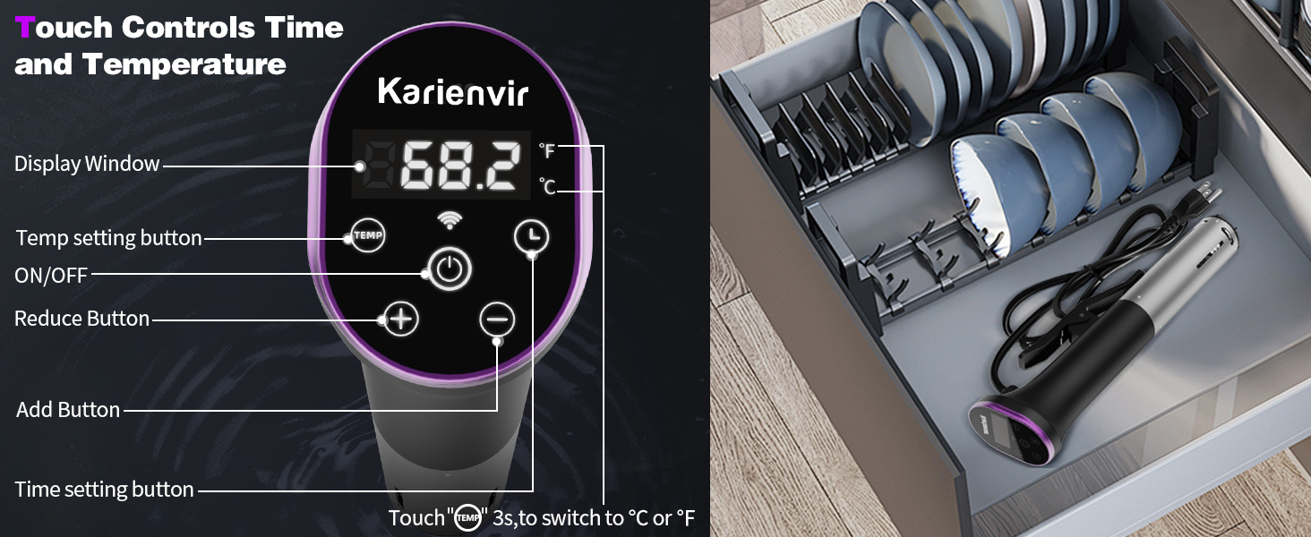Sous Vide занурювальний кухонний термостат Karienvir 1400W з LCD-дисплеєм, Wi-Fi, IPX7, таймером, фіолетовий