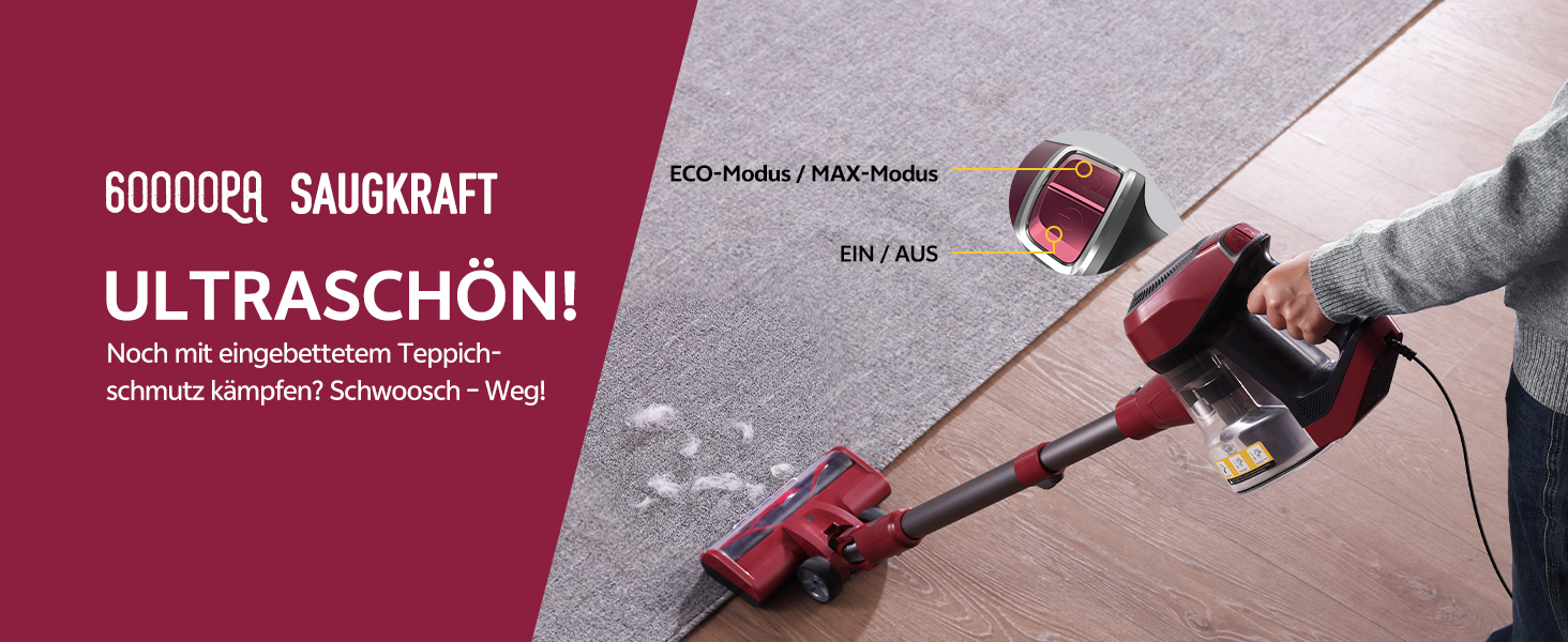 Ручний пилосос Vexilar C8 з кабелем - 600W, 60kPa, 7м кабель, безперешкодна щітка для підлоги, 1.5L безмішковий контейнер для твердих поверхонь, килимів та шерсті тварин