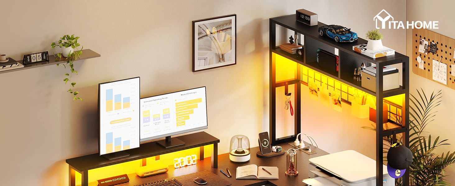 Ігровий кутовий стіл YITAHOME з розетками та LED підсвіткою, 150x100x150 см, чорний - стіл для комп'ютера з полицями та підставкою під монітор для дому/офісу