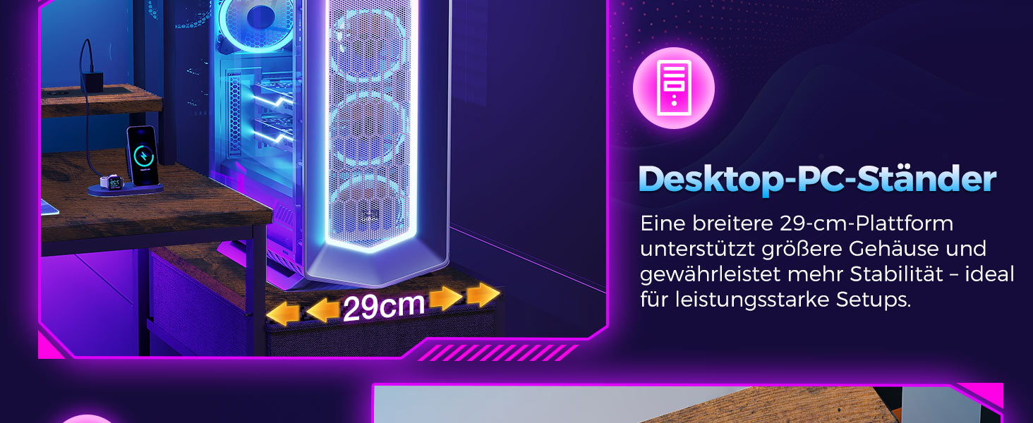 Ігровий стіл Coleshome з полицями та ящиками, 137x48 см. Стіл для геймінгу з LED-підсвічуванням та розеткою, комп'ютерний стіл з місцями для зберігання та підставкою для монітора (Коричневий)