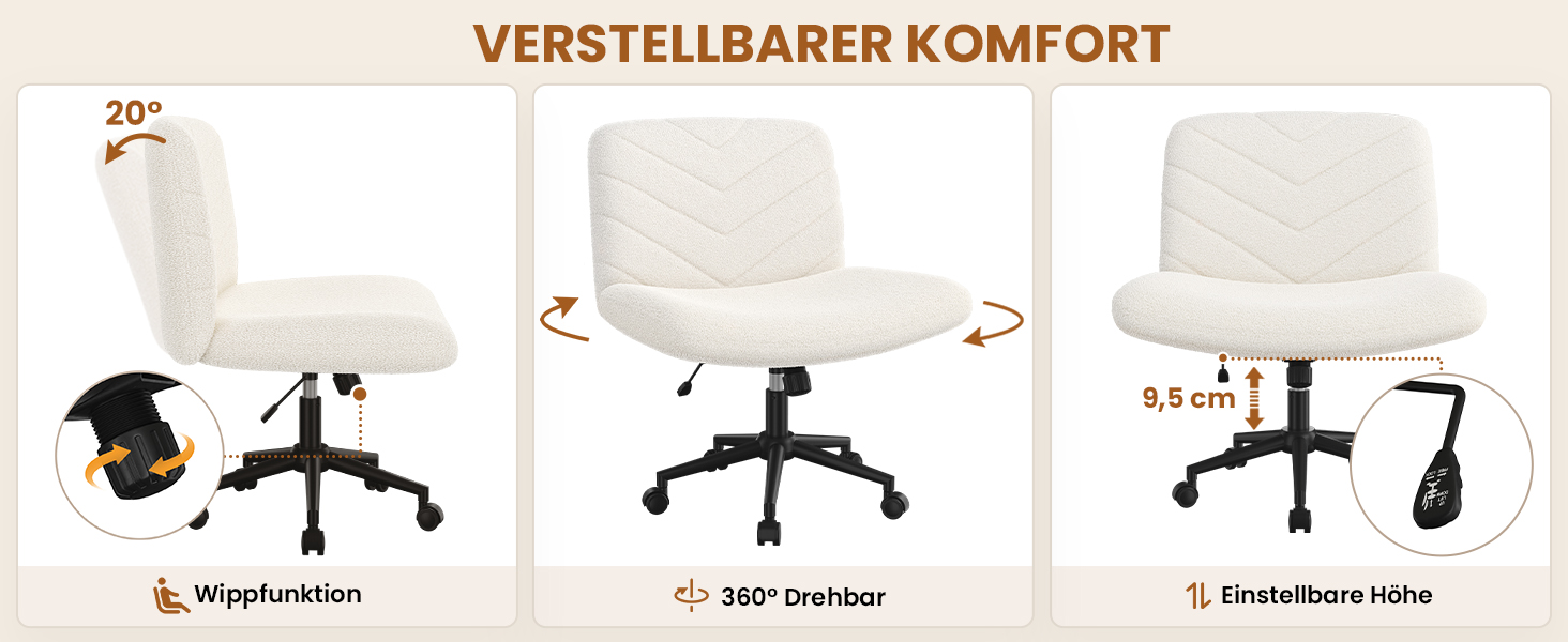 Офісне крісло Yaheetech з роликами, регульоване по висоті, з широким сидінням та середньою спинкою, для офісу та спальні, з колесами (слонова кістка)