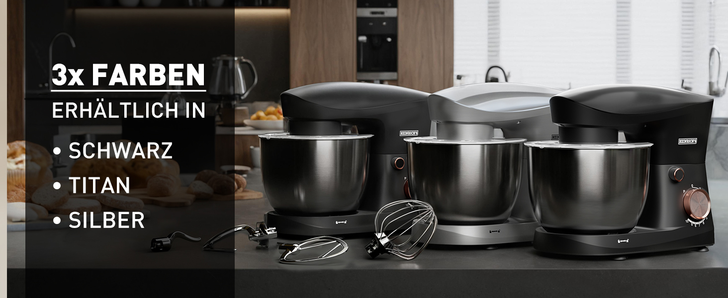 Кухонна машина Heinrichs 1500W з місткою чашею 6L з нержавіючої сталі, 10 швидкостей, титан, міксер, тістоміс, планетарний міксер