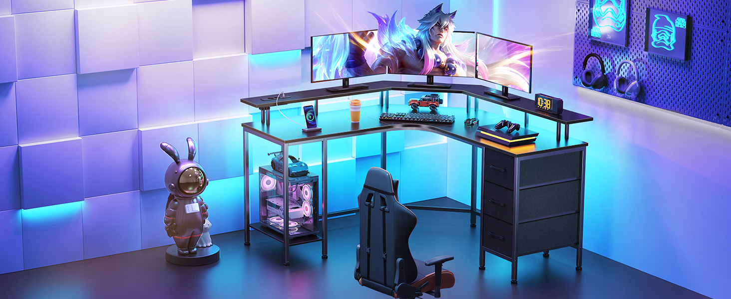 Ігровий кутовий стіл Seventable L-подібний з LED підсвіткою та розетками, 3 ящики, чорний 135x135x88 см