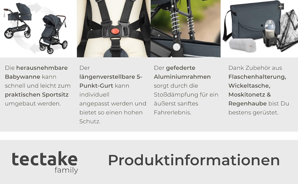 Дитяча коляска Tectake 2 в 1, розкладна, з люлькою, вагончиком, підстаканником, дощовиком, сірого кольору