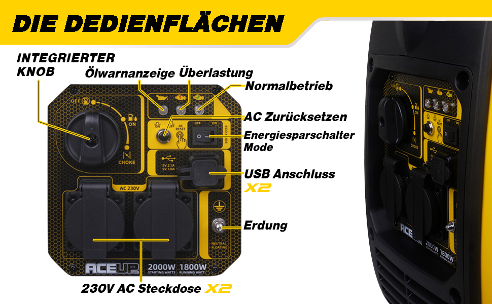 Бензиновий генератор Aceup Energy Inverter 3400W з інвертором, 230V/12V, USB, цифровий дисплей, 4-тактний, 23кг. Для дому, кемпінгу, відпочинку на природі.