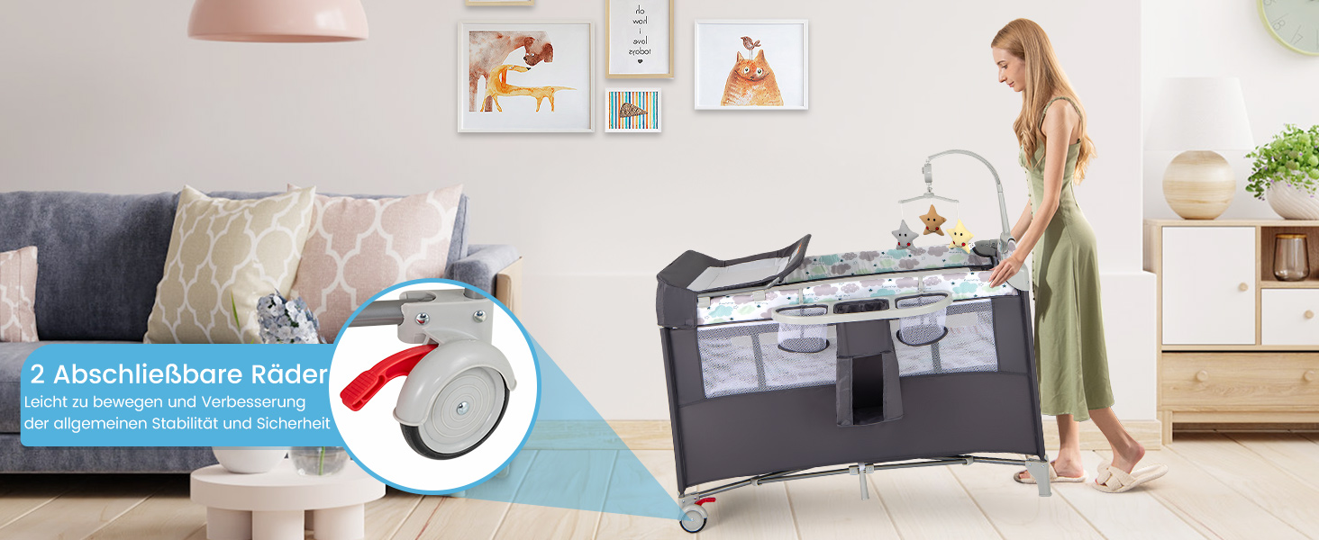 Дитяче ліжко-манежа Dreamade 120 x 60 см з колесами, 4 в 1: ліжко, манежа, пеленальний столик, туристичне ліжко для новонароджених (Сірий)