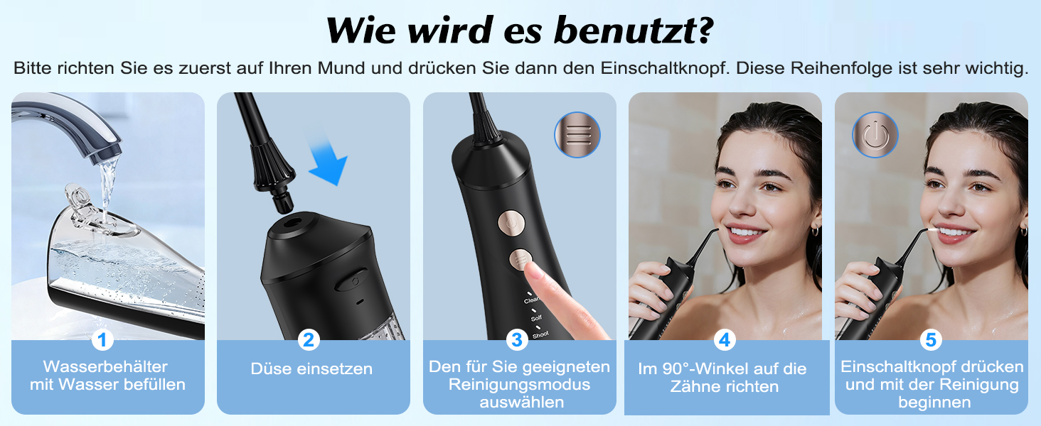 Електрична ірigator для порожнини рота Munddusche: 5 насадок, 4 режими, IPX7, для дому та подорожей