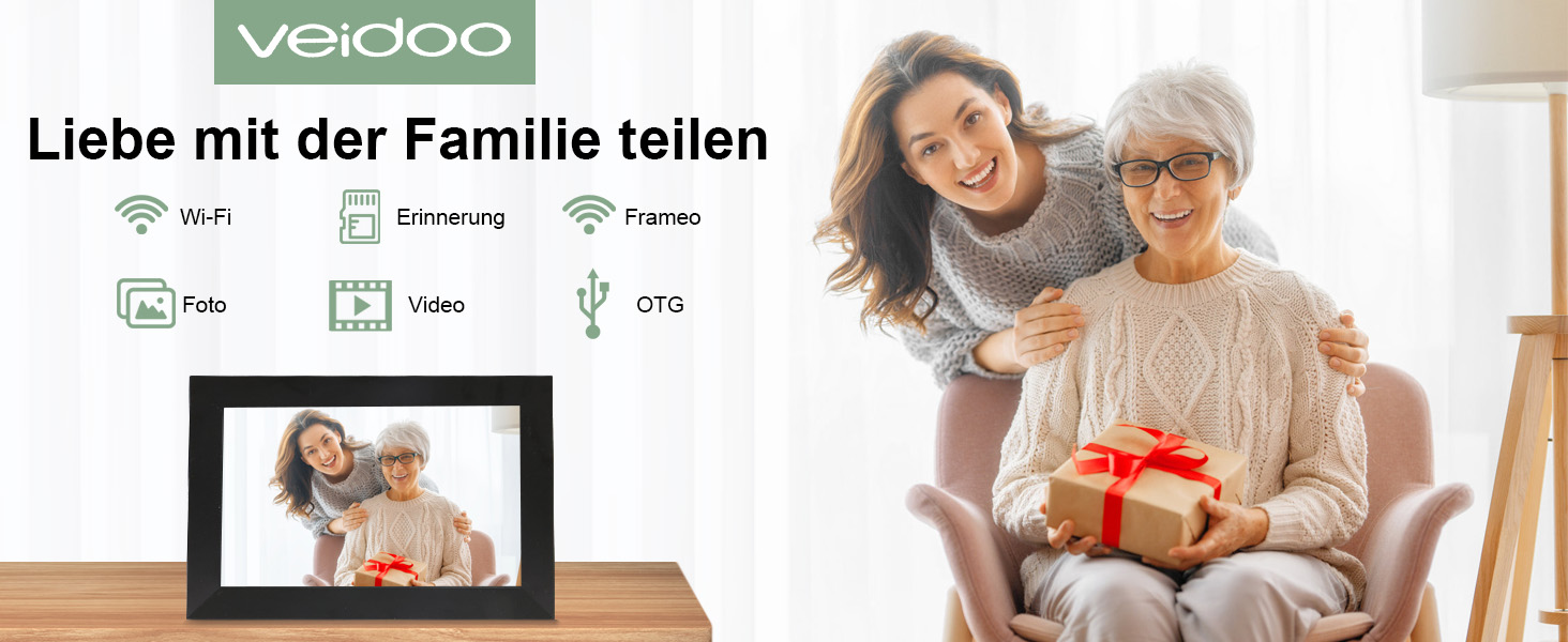 Цифровий фоторамка Veidoo 10.1 дюйма, IPS-сенсорний екран 1280x800, 32GB, для сімейних фото, з Wi-Fi, Frameo App (Чорний)