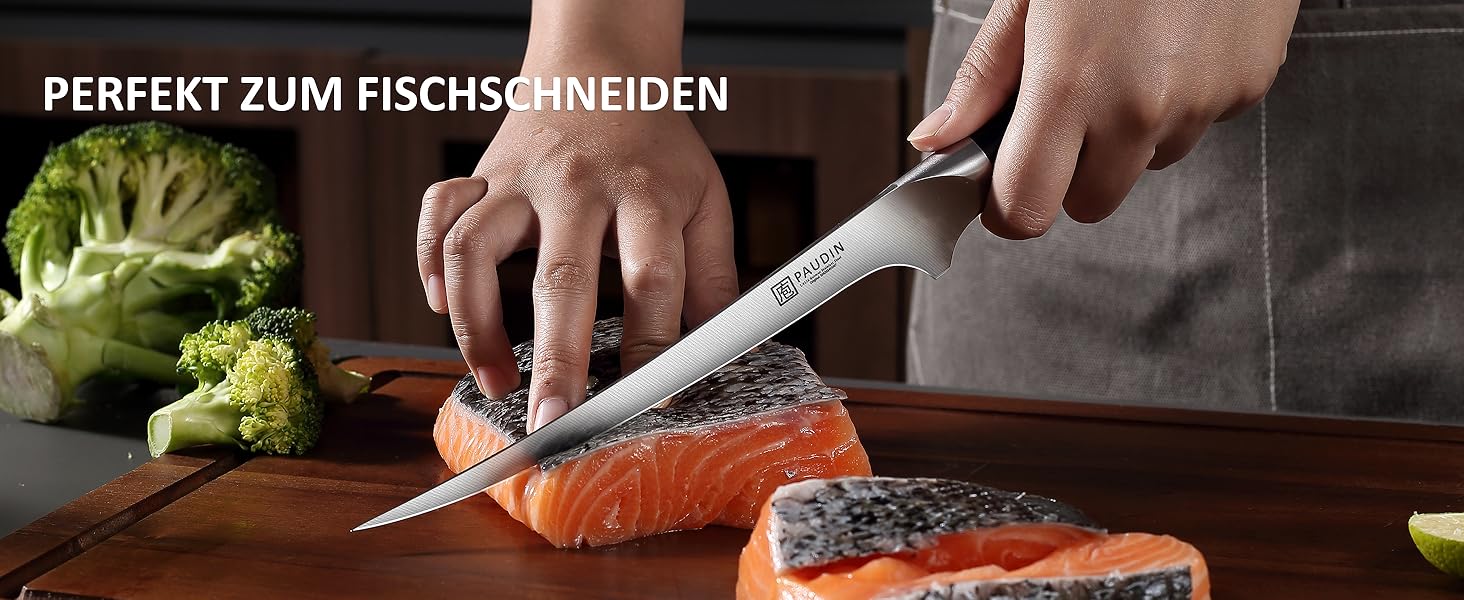 Набір кухонних ножів Paudin 7 предметів з дерев'яним блоком, професійний набір ножів для кухні, з високоякісним лезом та ABS ручками (рибний ніж)