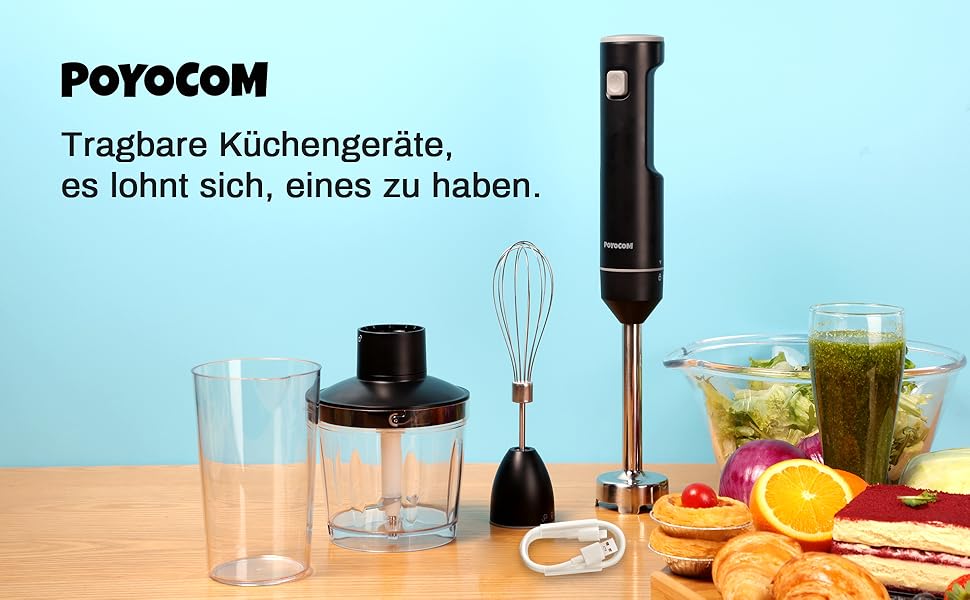 Бездротовий занурювальний блендер POYOCOM з акумулятором, TYP-C кабель, контейнер 500 мл, 600 мл, насадка вінчик, для смузі, дитячого харчування та супів – Чорний