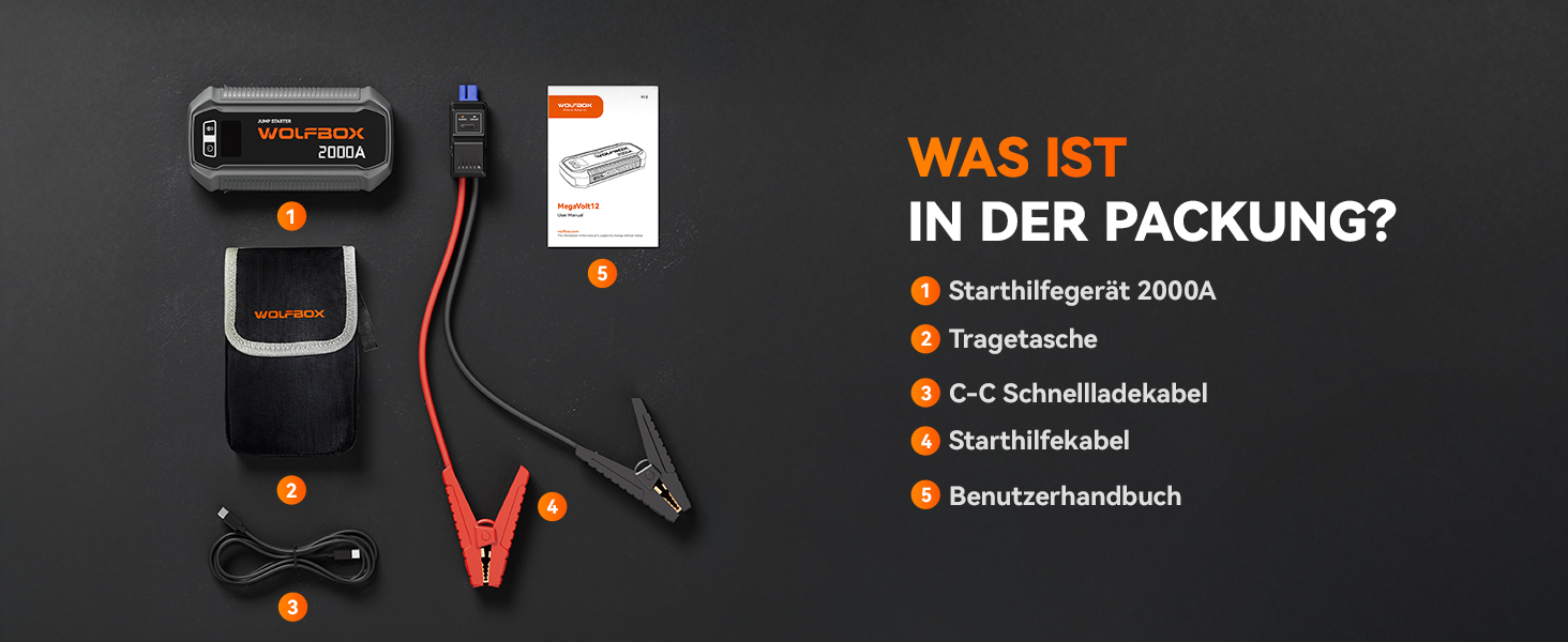 Бустер для автомобіля WOLFBOX 2000A: пусковий пристрій для 12В авто (бензин до 10л, дизель до 10л)