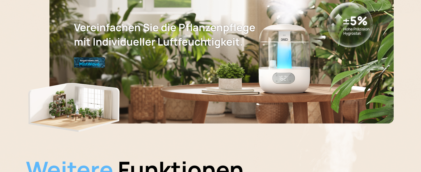 Зволожувач повітря Dreo для спальні: ультразвуковий, холодний туман, 3L, датчик вологості, нічник, для дітей, кімнатних рослин та дому (білий)