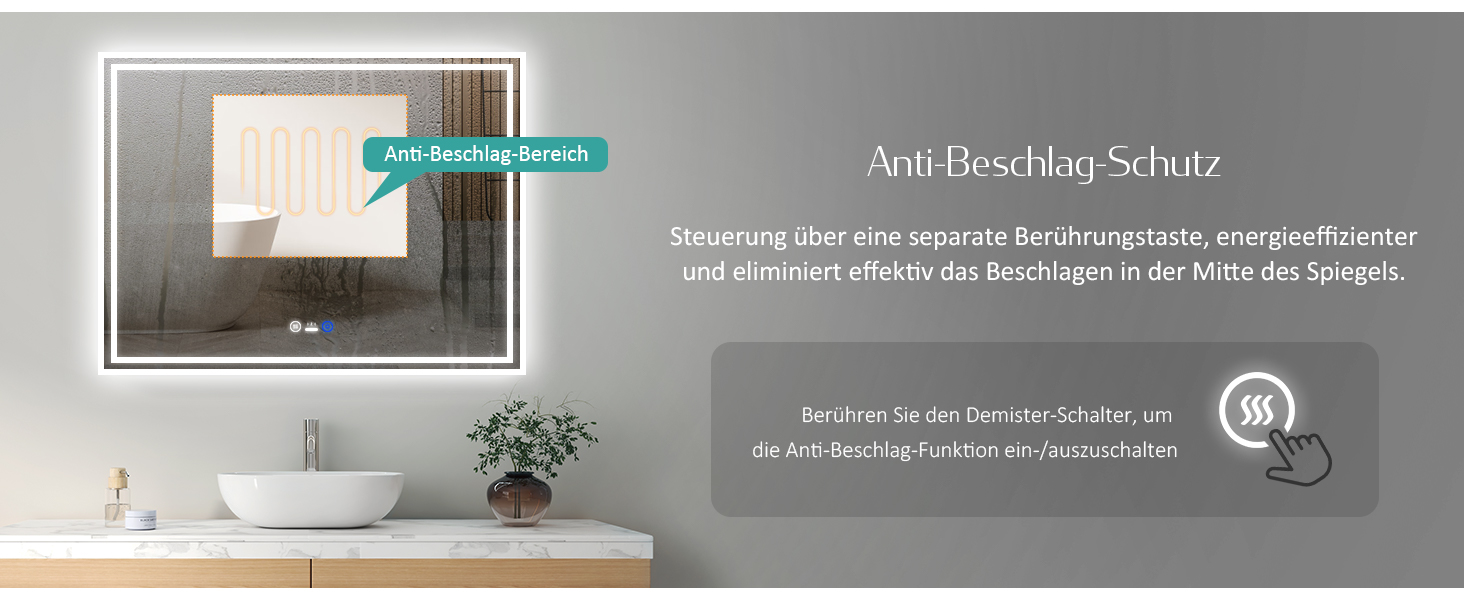Дзеркало для ванної кімнати EMKE з підсвічуванням 80x60 см, LED, з датчиком руху, сенсорне, проти запотівання, 3 кольори світла, регулювання яскравості, таймер 1 год, IP44, енергозберігаюче