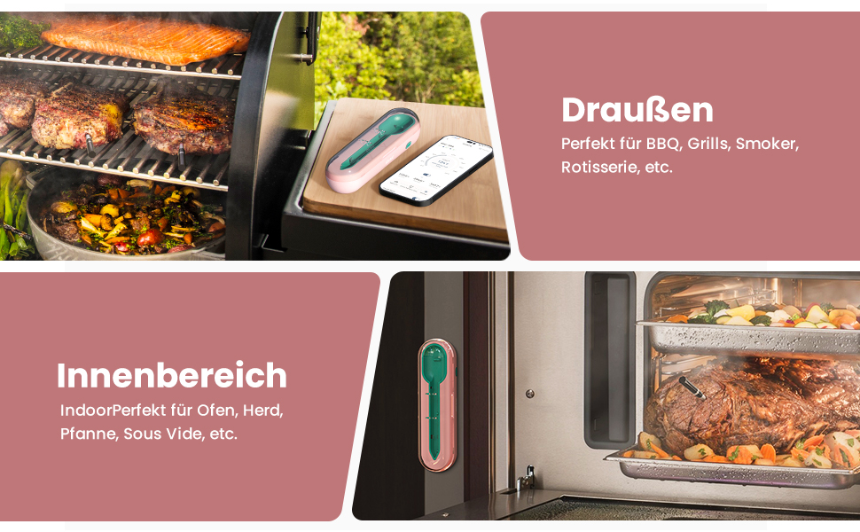 Бездротовий термометр для м'яса для гриля та копчення, 500FT, розумний датчик температури для BBQ, духовки, гриля, коптильні, Sous Vide (рожевий)