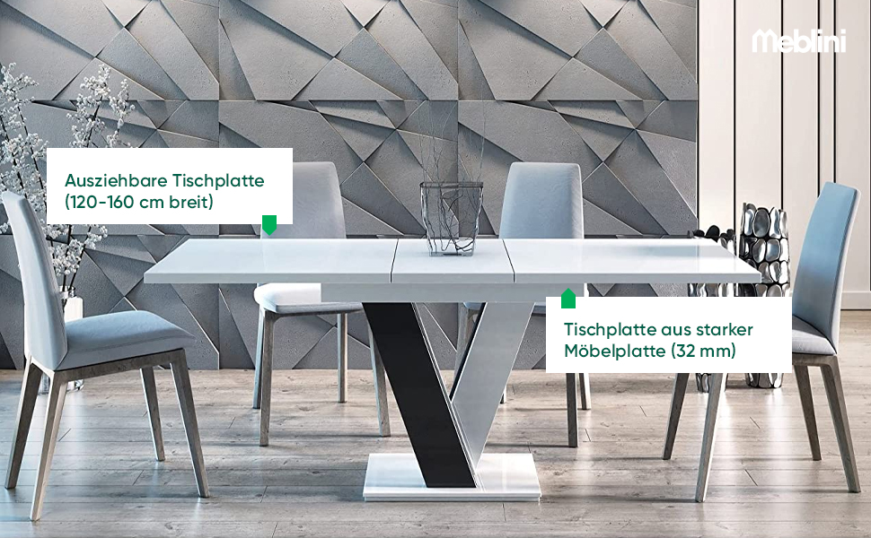 Обідній стіл Meble Line розсувний, сучасний дизайн, 120-160x80x75 см, чорний/білий глянцевий МДФ