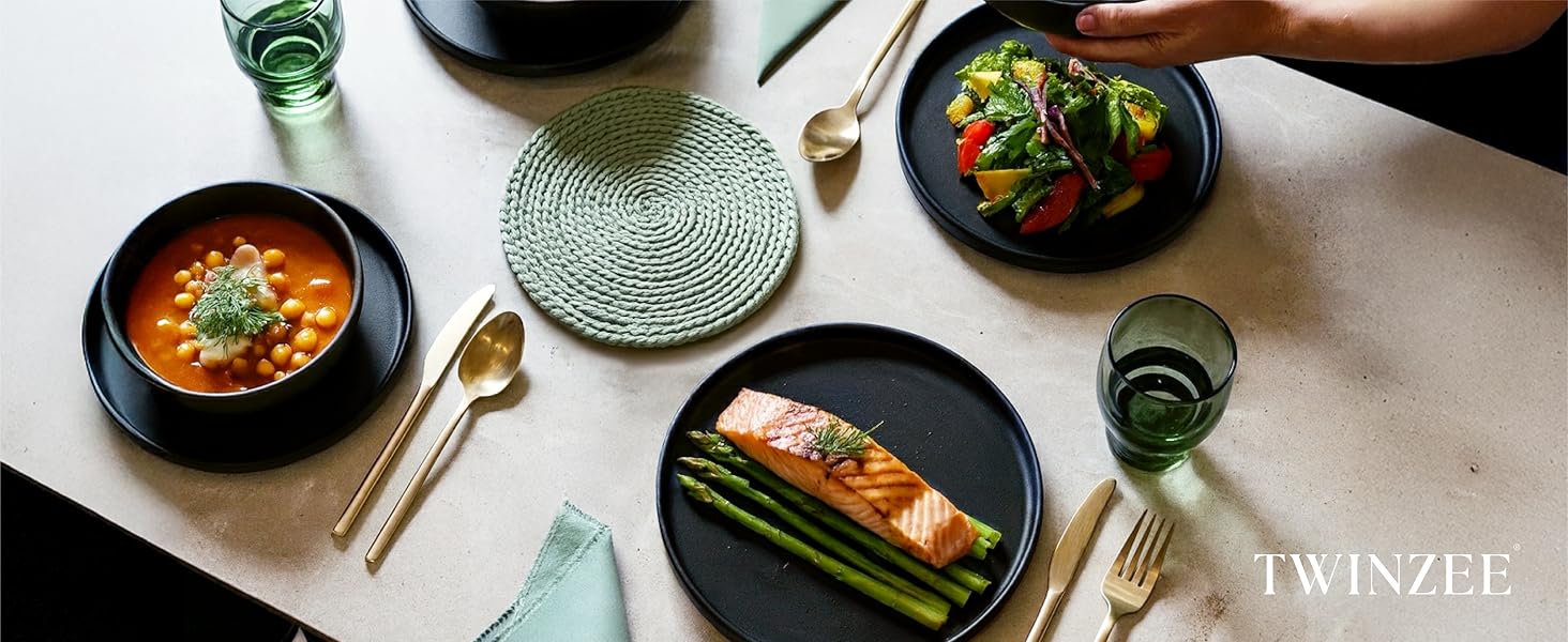 Набір посуду Twinzee Ebony Collection 24 частини: чорні тарілки та чашки з кераміки (стеінгуту) для 6 осіб