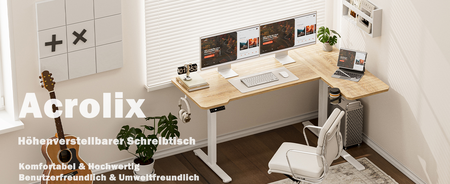 Стол письмовий L-подібний, регульований по висоті, 150 x 100 см, електричний, ергономічний, з підстаканниками та гачками, коричневий