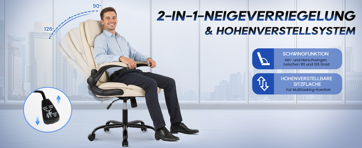 Офісний крісло Colamy: ергономічний, з високою спинкою, регульовані підлокітники, шкіряне покриття (слонова кістка)