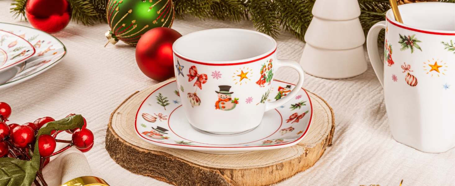 Набір кавових чашок SÄNGER Bilgola Christmas Design (6 шт.) з порцеляни, 350 мл | Преміум якість, для 6 осіб, придатні для миття в посудомийній машині