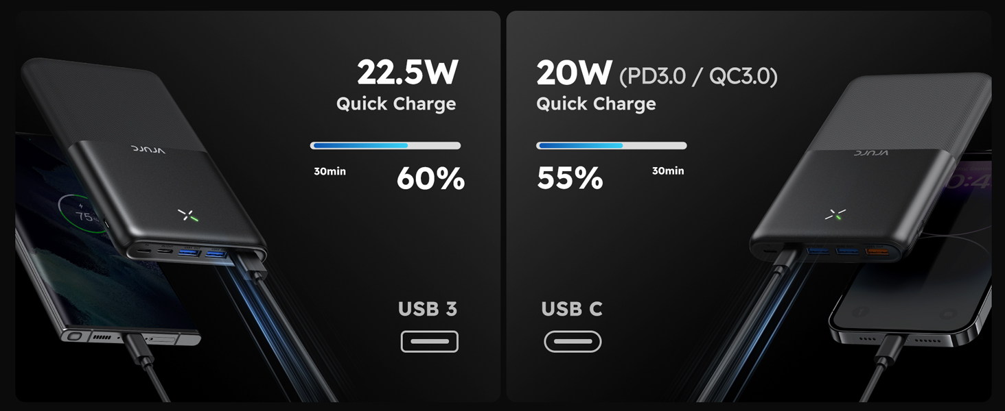 Вт, USB C, 4 виходи, 3 входи, швидкий зарядний пристрій, чорний, 30000mAh 22.5