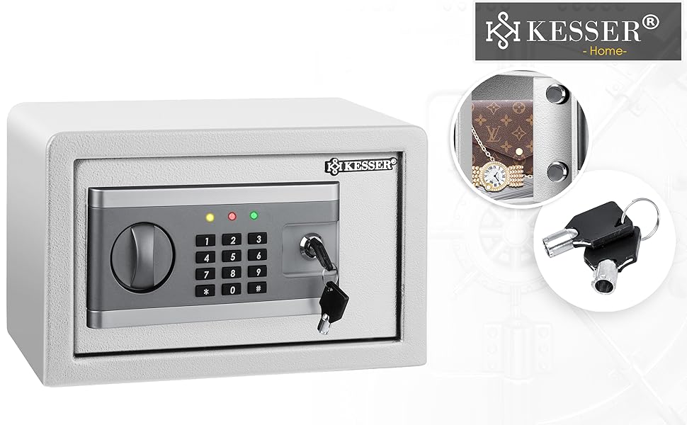 KESSER® Електронний сейф | 38x30x30 см | з батарейним відсіком | 3-х болонний замок | Настінний/підлоговий сейф | Внутрішнє освітлення | Срібний