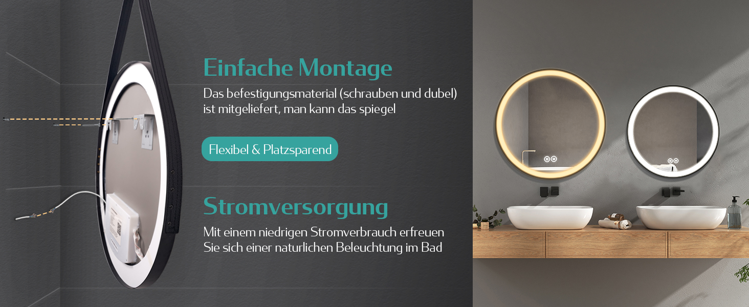 Круглий дзеркало для ванної кімнати EMKE з підсвічуванням 50 см, 3 кольори, диммування, антизапар, пам'ять, сенсорне керування, таймер 3 години, енергозбереження