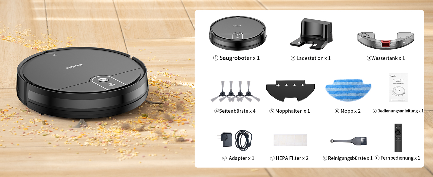 Робот-пилосос VersLife L6 з функцією миття підлоги, 120 хв роботи, керування через додаток/Wi-Fi/Alexa