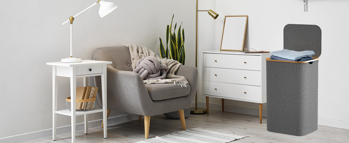 Кошик для білизни з кришкою 70л, вузький, з бамбуковими ручками та внутрішньою кишенею, складний, портативний, для пральні, йоги, темно-сірий 70л