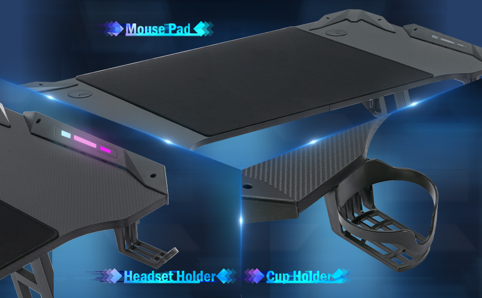 Ігровий стіл 120x60 см з LED Z-подрофкою, карбоновим покриттям, тримачем для напоїв та гачком для навушників. Стабільний та ергономічний стіл для геймерів та офісу.