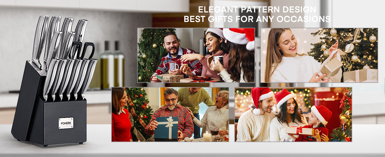 Набір ножів FOHERE з бруском для заточування, 14 предметів. Професійний набір кухонних ножів з нержавіючої сталі, ергономічні ручки, ідеальний подарунок