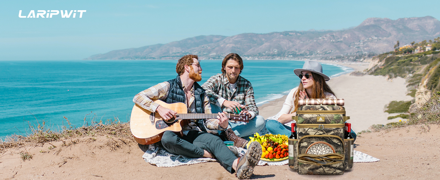 Рюкзак-холодильник Laripwit 54 банки: ізольований рюкзак-термос з двома відсіками та відділенням для холоду. Ідеальний для пікніків, подорожей, кемпінгу, пляжу. Об'єм 33л, камуфляж, еластична шнурка.