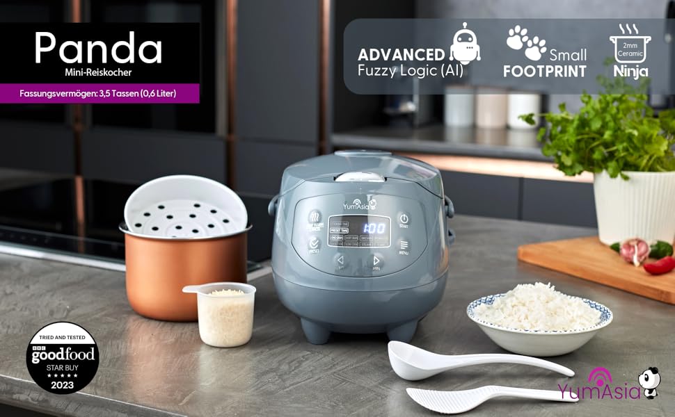 Рисоварка Yum Asia Panda Mini з керамічною чашею Ninja та технологією Fuzzy Logic (3,5 чашки, 0,63 л), 4 функції приготування рису, 4 функції мультиварки, 220–240V (Кобальтово-сірий)