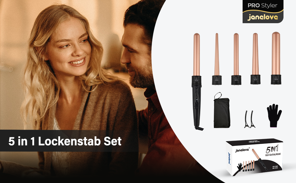 Набір для завивки волосся Janelove 5 в 1: керамічний локон, 10-32 мм, різні насадки, регулювання температури, рукавиці, сумка (рожеве золото)