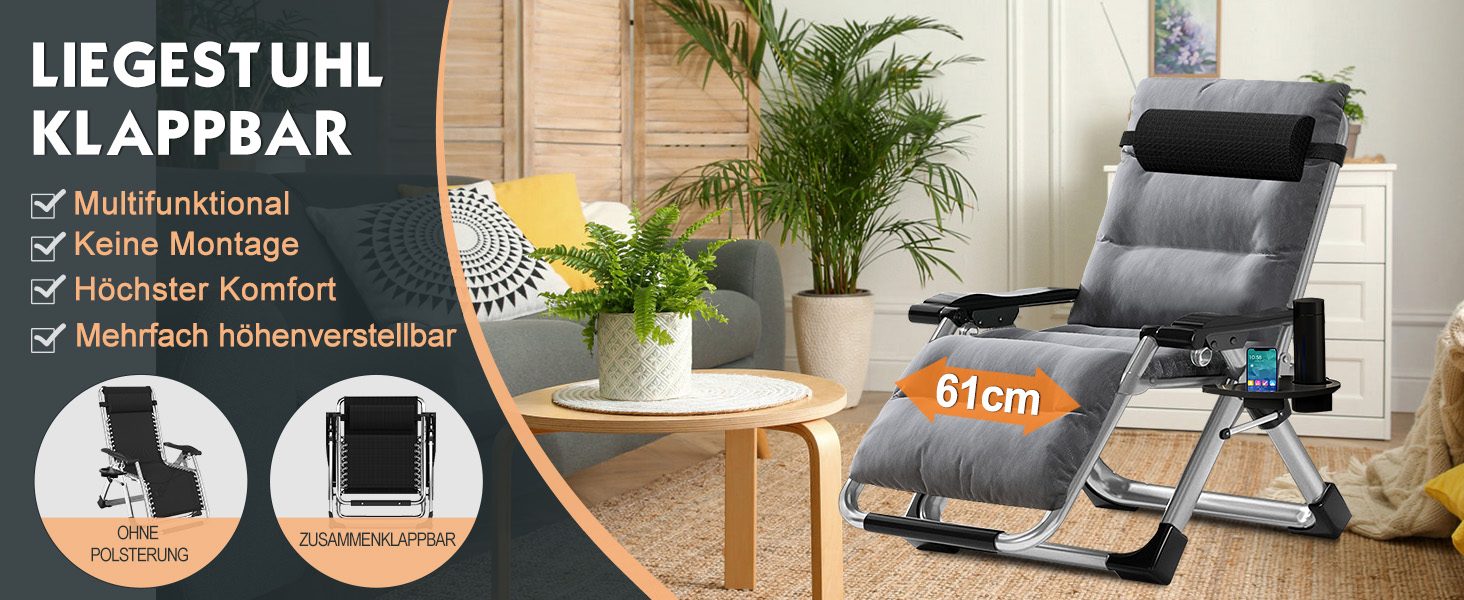 Лежак для відпочинку MOPHOTO Zero Gravity - розкладний, 200 кг, з подушкою та кишенею, для саду, балкону, тераси (сірий)