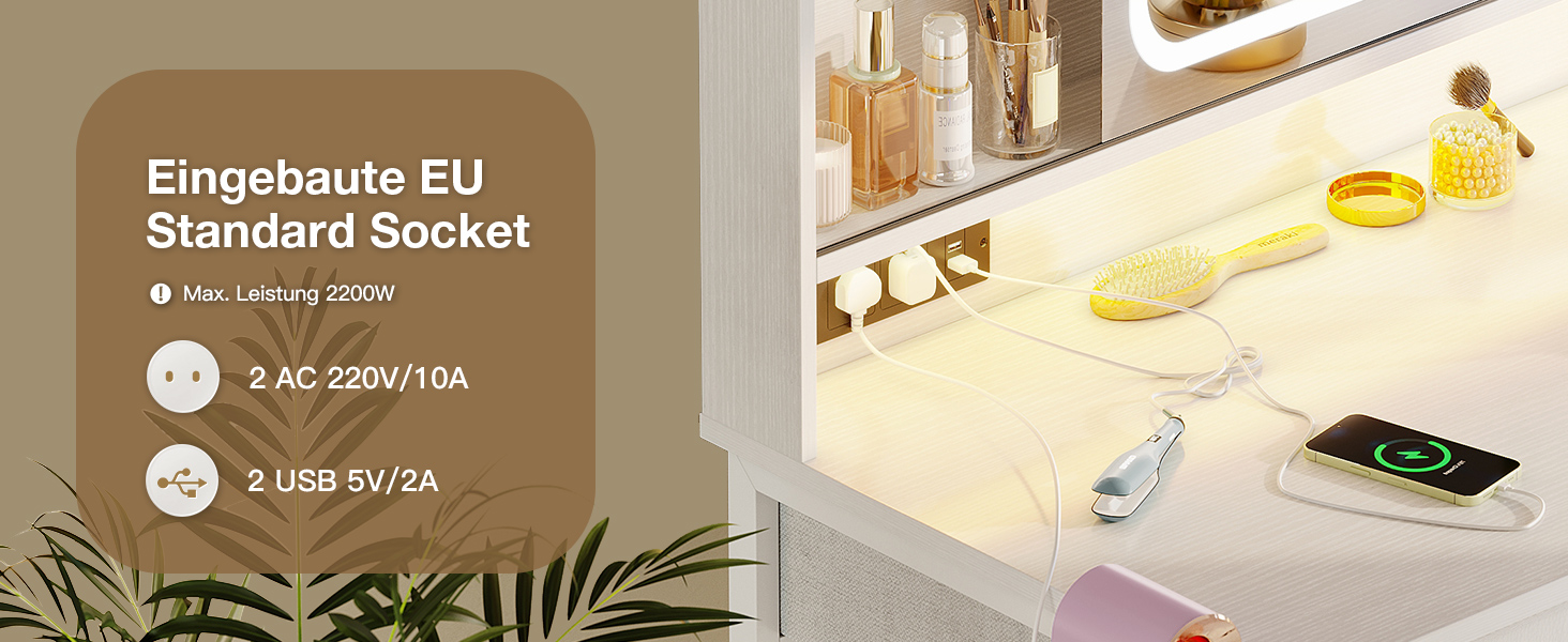 Дзеркальний туалетний столик ODK з регульованим LED-дзеркалом, USB-роз'ємами та RGB-підсвіткою, 5 висувними ящиками та 3 полицями, білий, 90×40×139 см