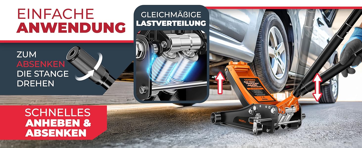 Гідравлічний домкрат MASKO 3T з низьким профілем 85-460мм, 3 гумові накладки, для легкових авто та SUV, ролики 360°, рукавички в комплекті. Домкрат під автомобіль до 3 тонн - Чорний