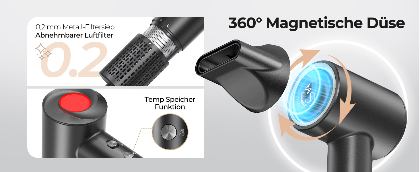 Іонний фен для волосся з дифузором, професійний стайлер 150 000 об/хв, 8 режимів температури з LED-дисплеєм, для кучерявого та густого волосся, чорний