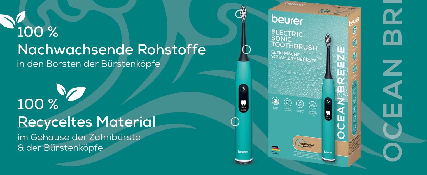 Електрична зубна щітка Beurer SC 30 Ocean Breeze: 4 режими чищення, 80 000 коливань, таймер, LED-дисплей + 2 насадки, корпус з переробленого пластику