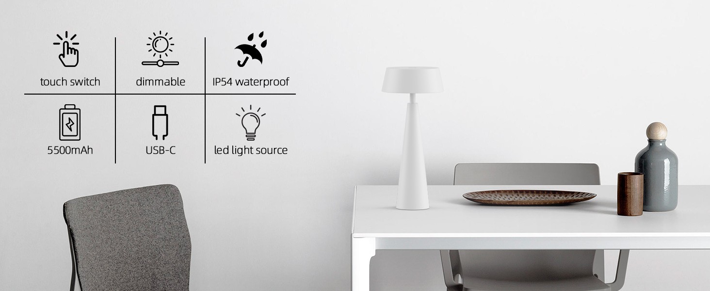 2 шт. Білі бездротові настільні лампи з акумулятором, регульоване освітлення 3000K-6000K, IP54, USB-C, для дому та вулиці, балкону, обіднього столу, білі