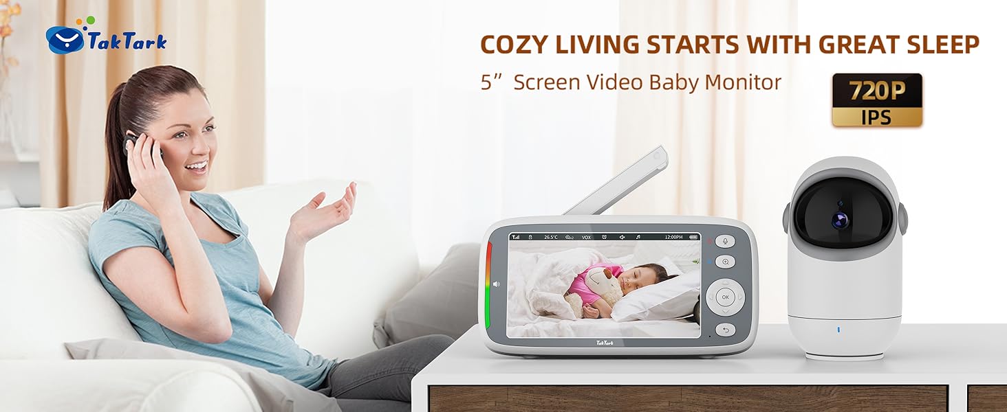 Відеоняня TakTark з камерою 5'' 720P IPS, поворот Pan-Tilt 300°, двосторонній зв'язок, нічний режим та моніторинг температури, VOX